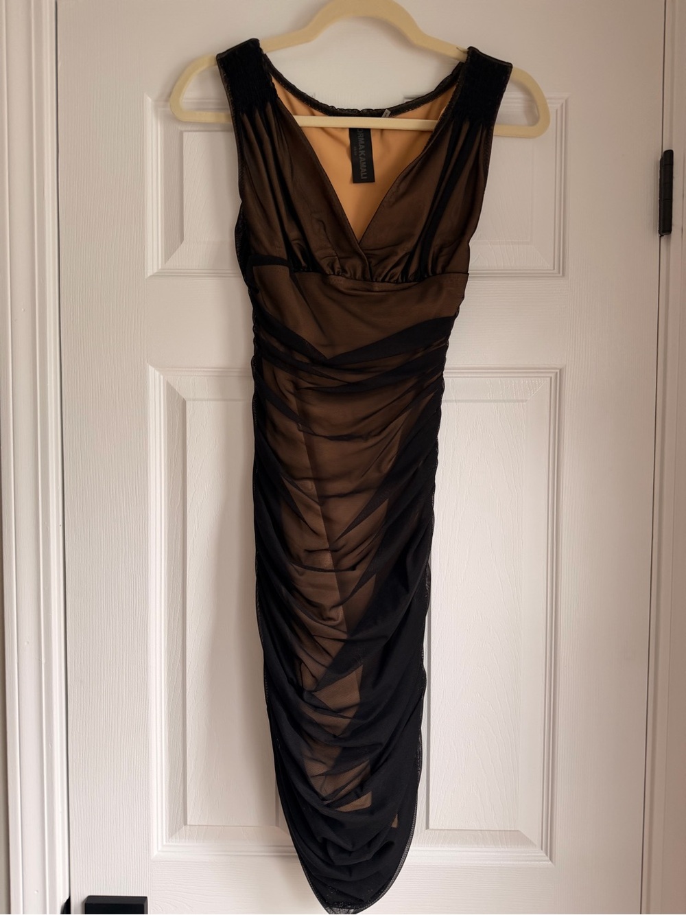 Norma Kamali Sheer Mesh Ruched Bodycon Midi Dress Black Nude XS